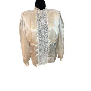 Vintage Illustrations Satin Lace High Neck Romantic Cottagecore Blouse